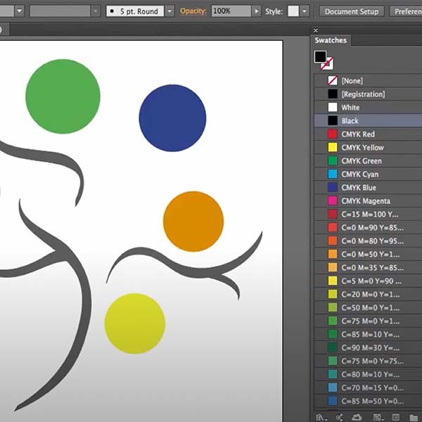 image of illustrator swatches panel with Orchard View Color tree logo on the artboard
