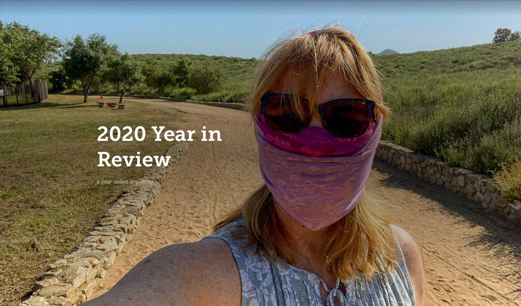 2020 year in review image of Theresa with sunglasses and a facemask