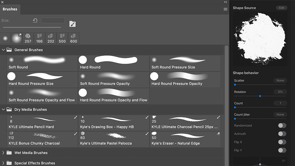 Image of Photoshop's Brushes panel and Procreate's Brush Shape Source.