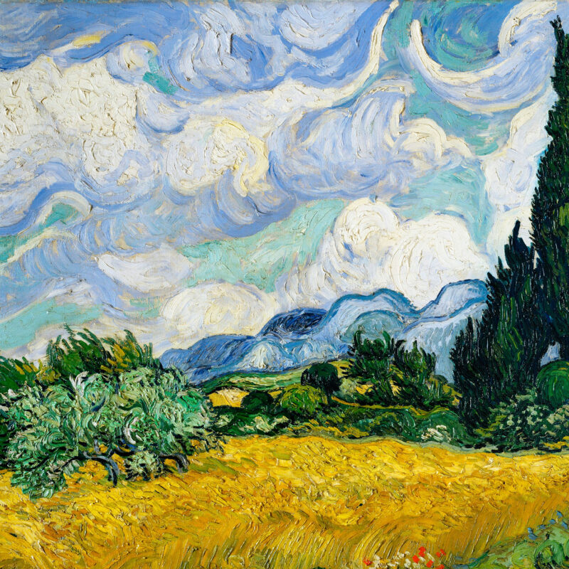Vincent Van Gogh's Wheat Field with Cypresses (1889). Blue sky with puffy clouds. Tall cypress tress on right side. Golden grass.