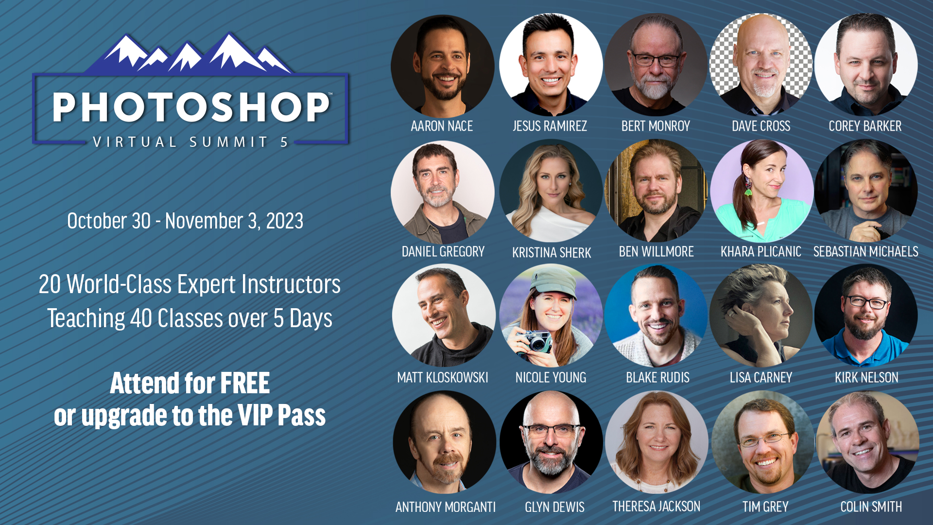 Photoshop Virtual summit banner with blue background and headshots of twenty four speakers.